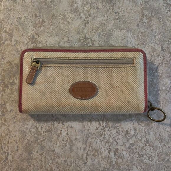 Fossil Zip Burlap Leather Wallet Polka Dot - Picture 1 of 13